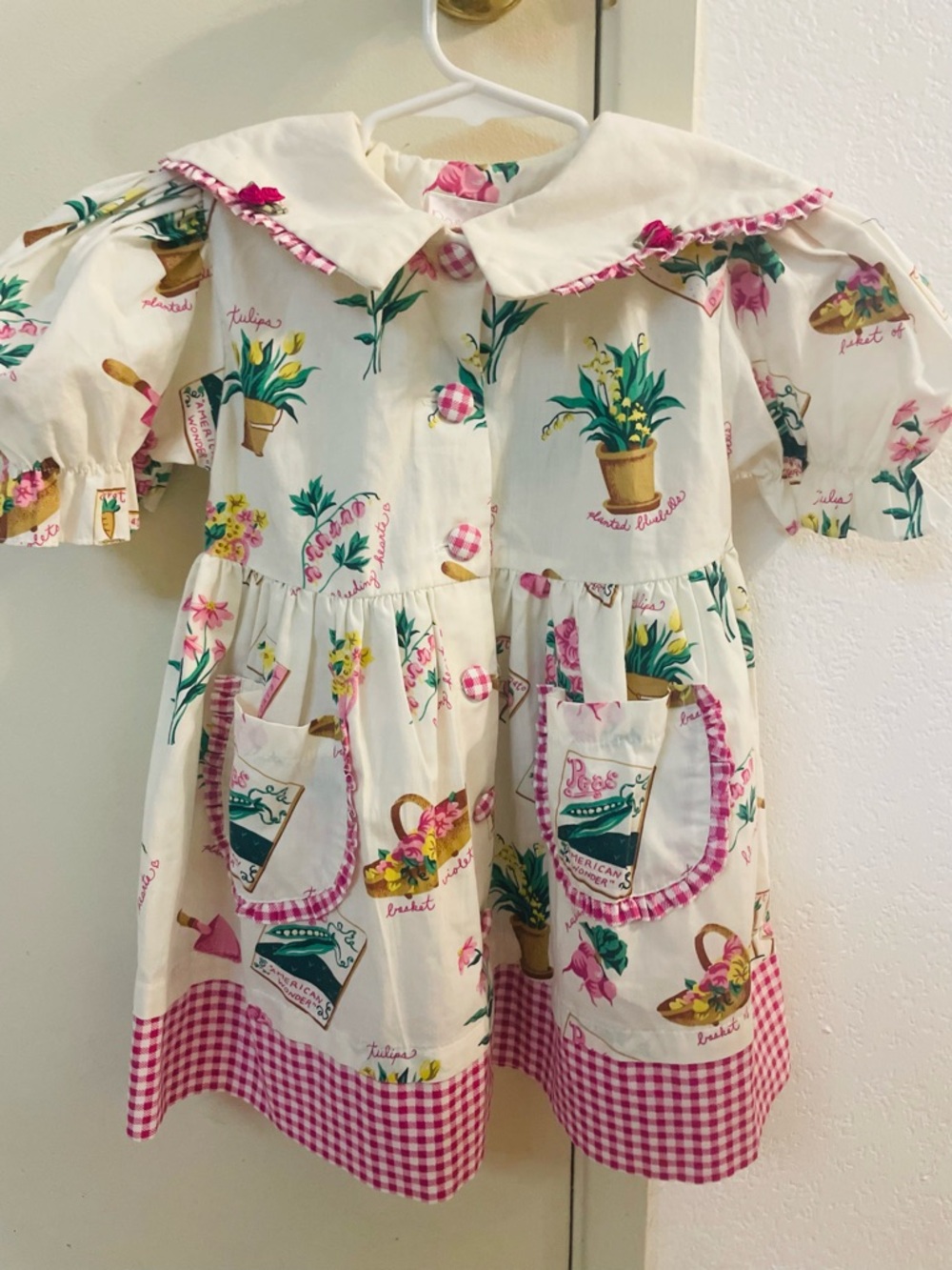Rose Cottage Vintage Girls Floral Pocket Dress with Pink Gingham Trim